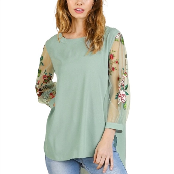 Umgee Embroidered Floral Semi-sheer Mesh Sleeve Top in Dusty Mint - S - Picture 14 of 14